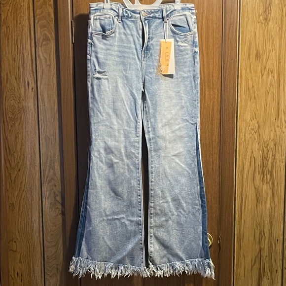 Risen Light Blue Flare Jeans with Fringe Hem - Picture 9 of 9